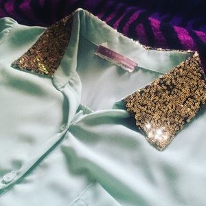 A Mint green with gold sequin collar Blouse